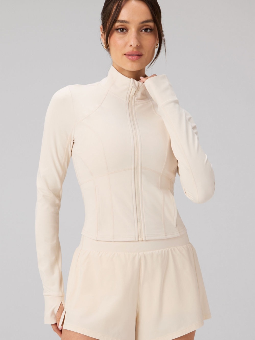 Fabletics Cropped Zip Front Active Jacket in Soft Cream